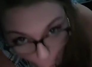 Sexy blonde bbw in glasses sucking dick in the car deepthroat cumshot on face
