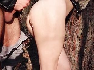 Outdoor public fuck in the forest! Perfect sunny day for good sex in fur coat and leather leggings!