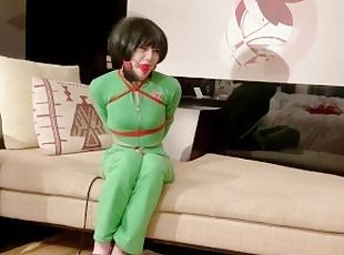 Selfbondage & struggle in green tracksuit and pants