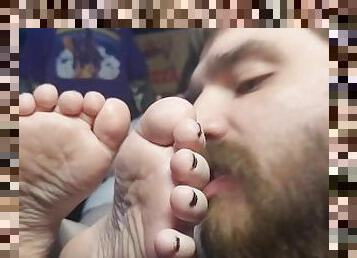 BBW ignores Foot Worship. Texts While Foot Slave Kisses and Licks Chubby Feet
