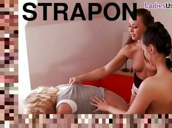 Strapon lezdoms pegging subjects bootie in erotic threesome