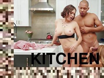 Interracial threesome sex at the kitchen