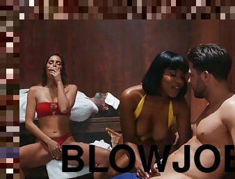 Nasty sluts Jenna Foxx and Desiree Dulce in threesome porn scene