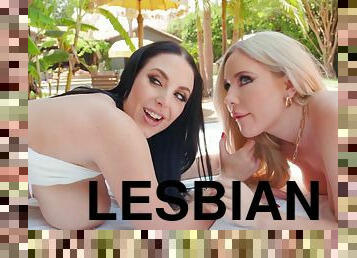 Huge cock interrupts Angela White and Savannah Bond lesbian fun