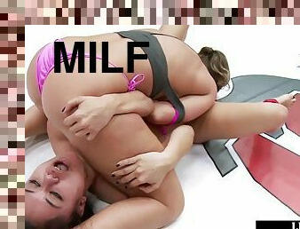 Lezdom wrestling MILF licks Asian loser pussy in the arena