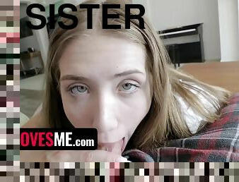 Beautiful Stepsister Gets On Her Knees And Slobbers On Stepbros Dick - Audrey Hempburne And Sis Loves Me