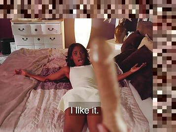 Milky-skinned babe fucks her black girlfriend in bed