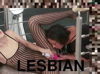 Terra vibrates her lesbian lover's pussy through the fishnet bodystocking