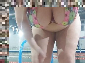 amateur, milf, maman, joufflue, piscine, mère, solo