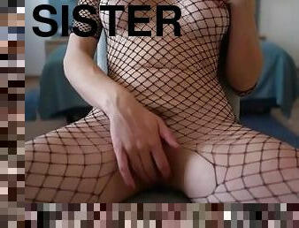 Stepsister in fishnet bodysuit, ASMR roleplay, fingering, playing with my pink holes and big dildo