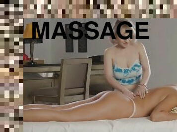 Curvy blonde massages her girlfriends back with her tits