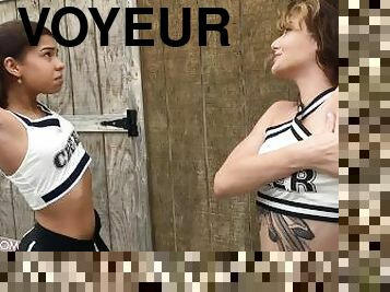 lesbiche, videocamera, scene-rubate, voyeur, cheerleader, piccole, feticci, tettine