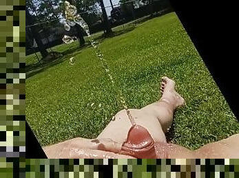 Peeing on myself outside slo mo fountain of piss and cock play