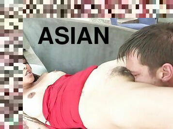 Ass fucked Asian MILF rubs hairypussy while drilled