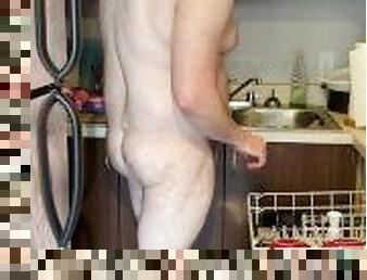 Straight Chubby Hunk Strips While Doing Dishes