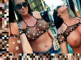 Teaser- Super HOT Brunette wearing thin see through top flashing TITS in public!