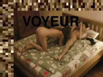 fellation, ados, cam, couple, voyeur, pute, chambre-a-coucher, chevauchement, brunette, caché