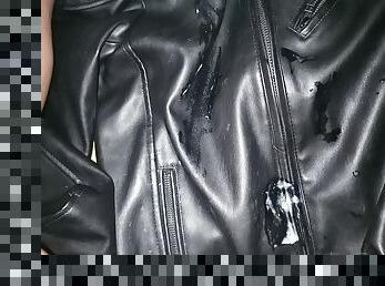 Cum in on a black leather jacket. 