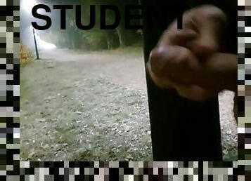 College student jerking under streetlight on park path risky