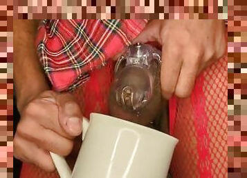 Filthy Sissy Pissing in a Mug in Chastity