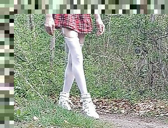 Exhibition in the forest with schoolgirl mini-skirt