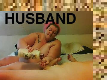 BBW gives husband handjob with big cum load