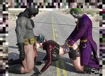 Harley Quinn, Joker, Batman Public Threesome on highway road in Texas.