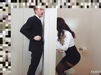 Big tits brunette Susy Gala attacks a big dick in office toilet