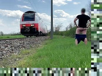 Flashing public train  risky dick flash  risky public masturbation