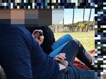 French teacher amateur handjob in public park to student with cumshot - MissCreamy