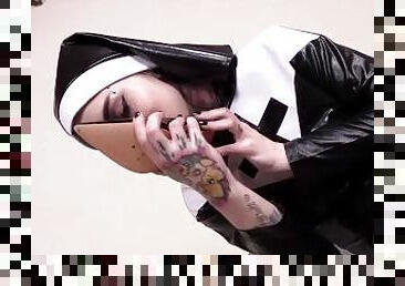 Horny tattoed Italian nun Denise just got back from a service. She wears black pantyhose and spike h