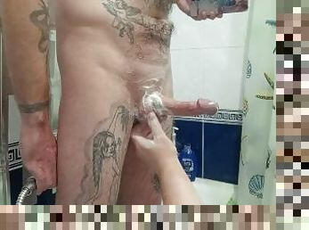 mother-in-law shaves my dick and balls and then jerks off to a cumshot
