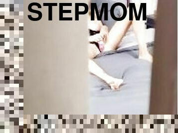 Stepmom gets caught toying, let's stepson cum in her