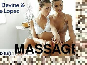 Massage Rooms Sapphic beauties Megane Lopez and Shalina Devine passionate pussy eating climax