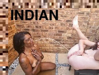 स्नान, घर-के-बाहर, पुसी, अंतरजातीय, भारतीय, स्लट, शौचालय, छोटा, बौछार, सफ़ेद