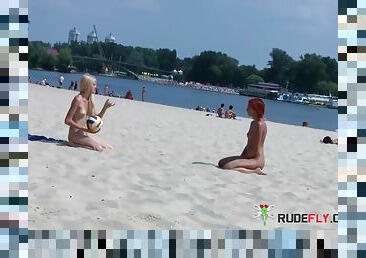 nudist, im-freien, dilettant, junge, strand, bezaubernd