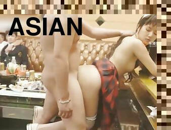 asiatique, poilue, public, ejaculation-sur-le-corps, jouet, bas, petite-amie, brunette, petits-seins