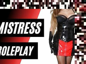 Femdom mistress latex vinyl teasing in black crotchless pantyhose