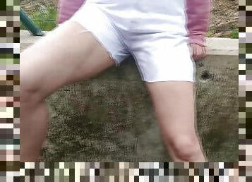 Pissing my new white shorts in public