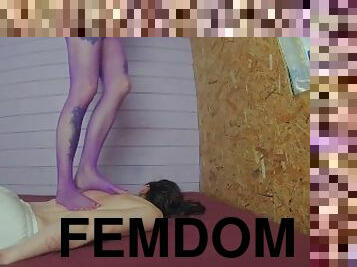 Femdom back and head trampling in panties and mesh pantyhose