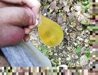 HUGE COCK PISS IN CONDOM AND PISS ON MYSELF PUBLIC