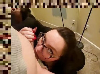 Green eyed chick with glasses sucks dick, gets throat fucked. Swallows his load. (Volume up)