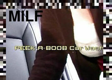 Braless Woman MILFs Nipples fall out at the Car Wash