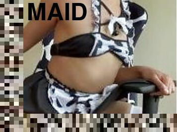 Cute Slutty Cow Maid Uses Gaming Chair and Pillow to Cum!