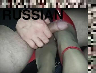 russisk, sprøjte, amatør, udløsning, spiller, fødder, strømper, sperm, nylon, ben