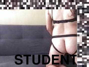 beautiful college student I fucked her pussy on all fours with my strap-on on the couch