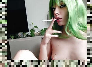 Cute Small Titties Green Hair Egirl smoking (full vid on my 0nlyfans/ManyVids)