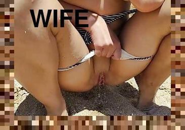 pisser, femme, amateur, couple, plage, fétiche, solo