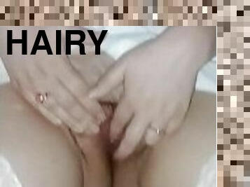 I show my beautiful body in a white robe and new stockings, I rub my hairy pussy and ass