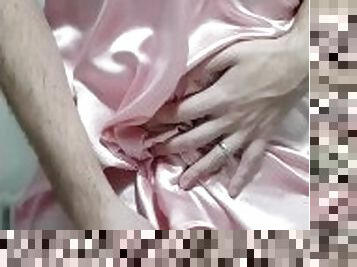 Crossdresser cums in pink satin chemise